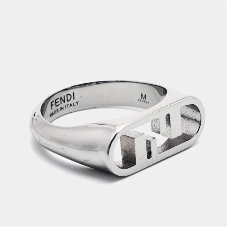 Pre Owned Fendi FF Logo Silver Tone Ring Size 63