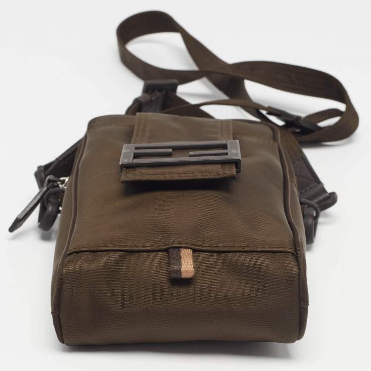 Pre Owned Fendi Green Nylon FF Phone Crossbody Bag