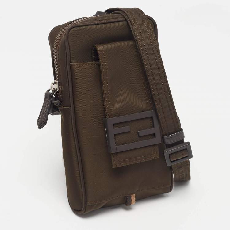 Pre Owned Fendi Green Nylon FF Phone Crossbody Bag