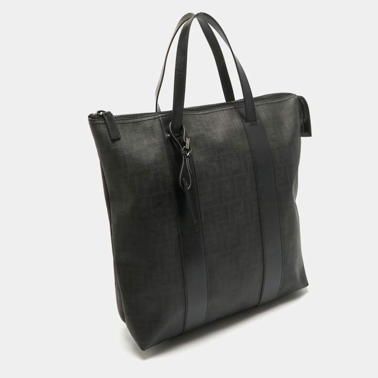 Pre Owned Fendi Black Zucca Coated Canvas and Leather Zip Tote