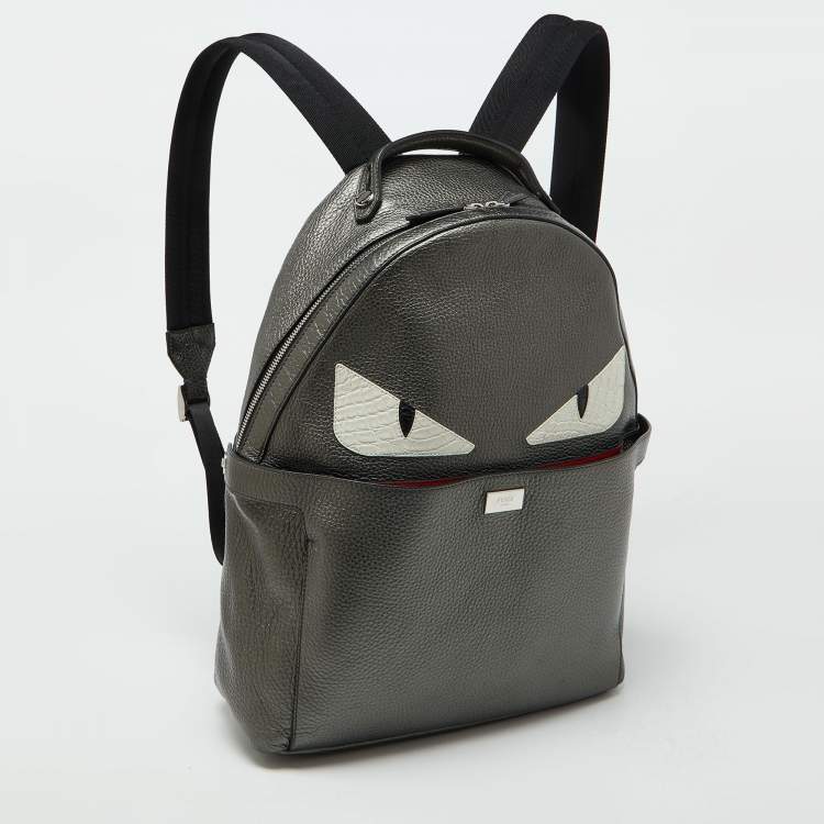 Pre Owned Fendi Metallic Grey Leather Monster Eyes Rounded Backpack