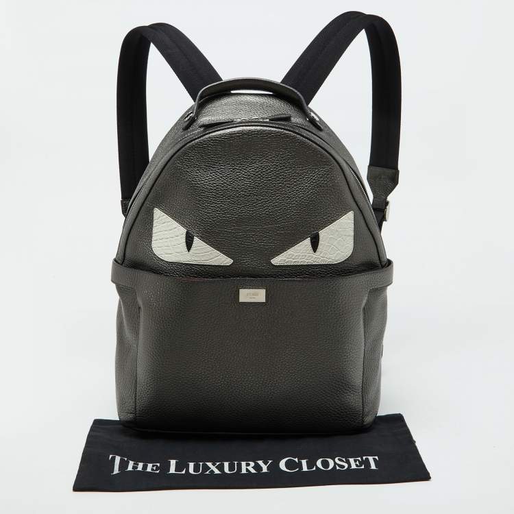 Pre Owned Fendi Metallic Grey Leather Monster Eyes Rounded Backpack