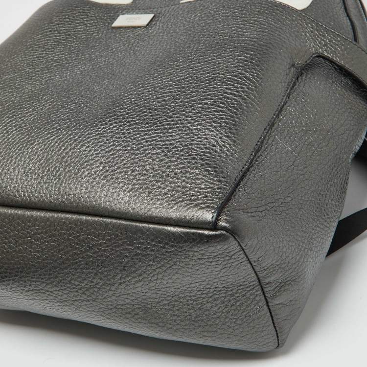 Pre Owned Fendi Metallic Grey Leather Monster Eyes Rounded Backpack