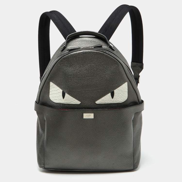 Pre Owned Fendi Metallic Grey Leather Monster Eyes Rounded Backpack