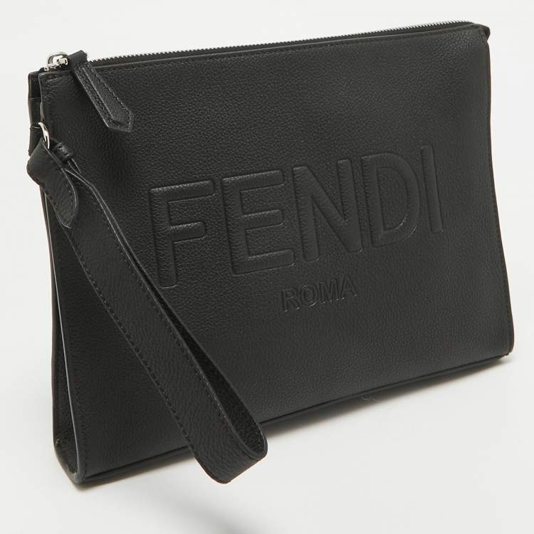 Pre Owned Fendi Black Leather Roma Flat Pouch