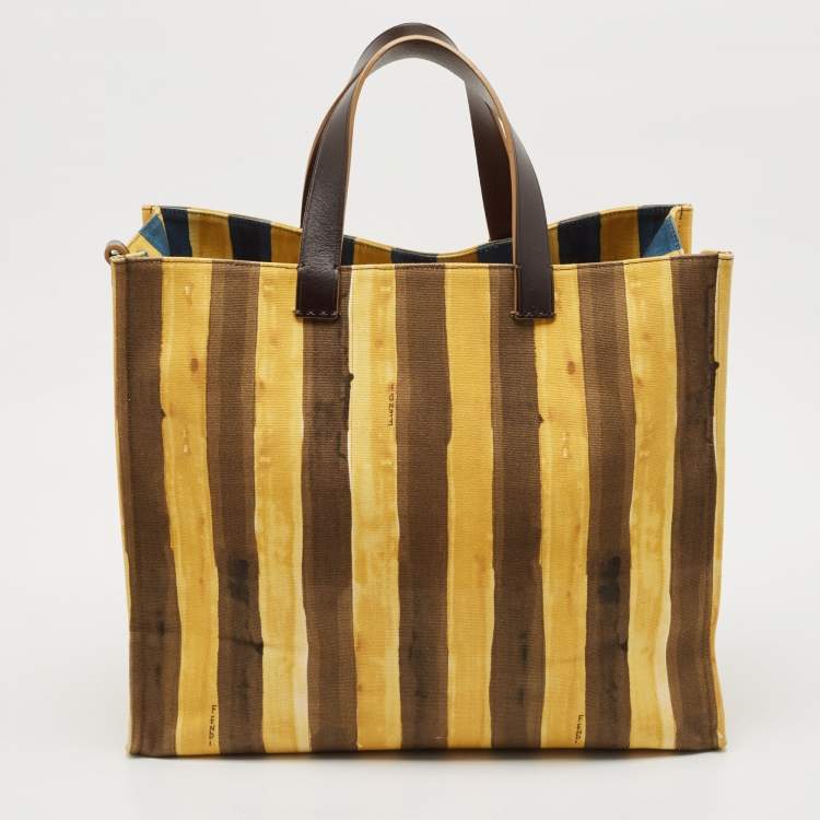 Pre Owned Fendi Yellow/Brown Fabric and Leather Stripe Shopper Tote