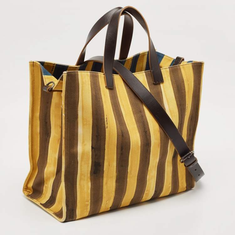 Pre Owned Fendi Yellow/Brown Fabric and Leather Stripe Shopper Tote