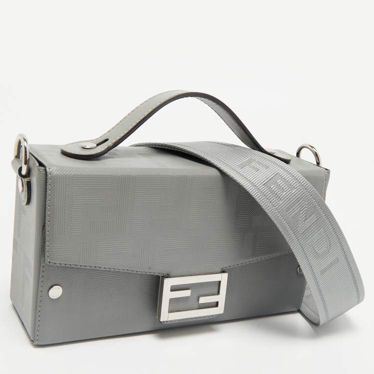 Pre Owned Fendi Grey FF Embossed Leather Soft Trunk Baguette Bag
