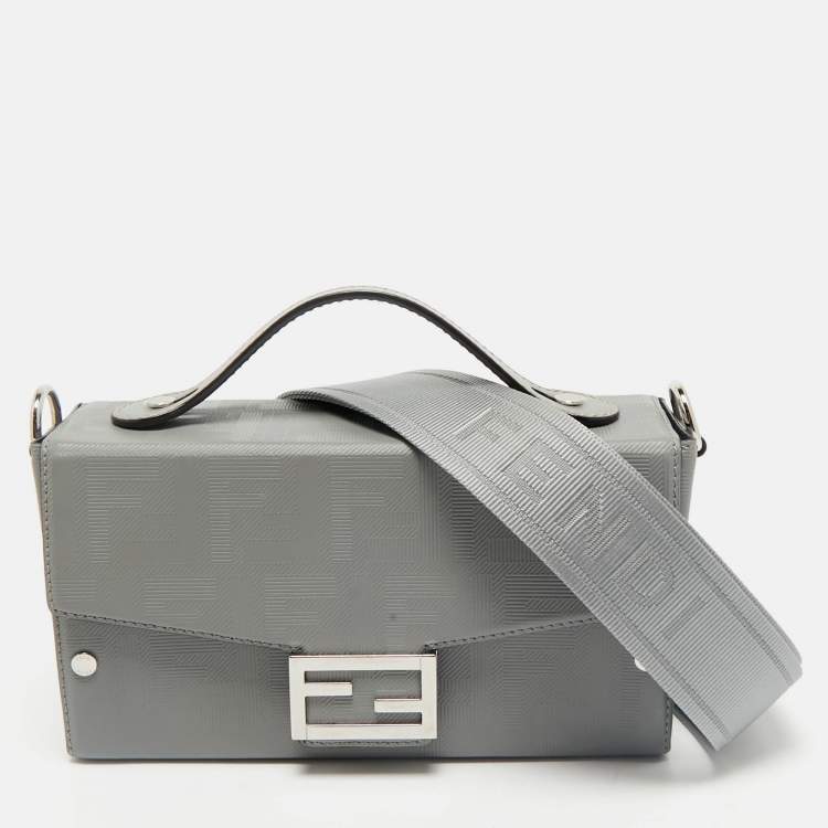 Pre Owned Fendi Grey FF Embossed Leather Soft Trunk Baguette Bag