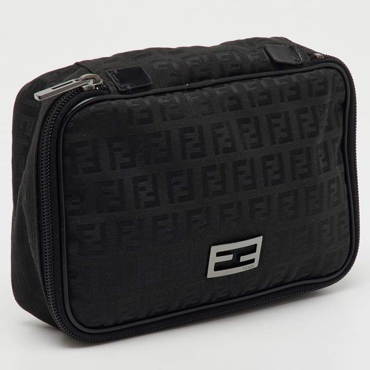 Pre Owned Fendi Black Zucchino Canvas and Leather Zip Around Pouch