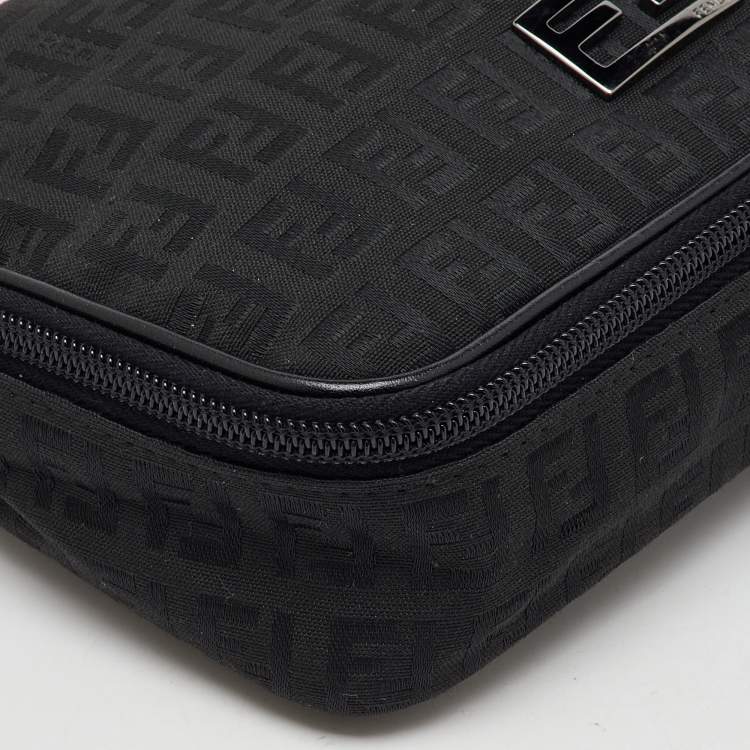 Pre Owned Fendi Black Zucchino Canvas and Leather Zip Around Pouch