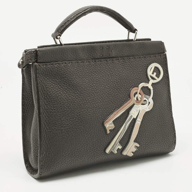 Pre Owned Fendi Dark Brown Selleria Leather Mini Peekaboo Fit Key Tote