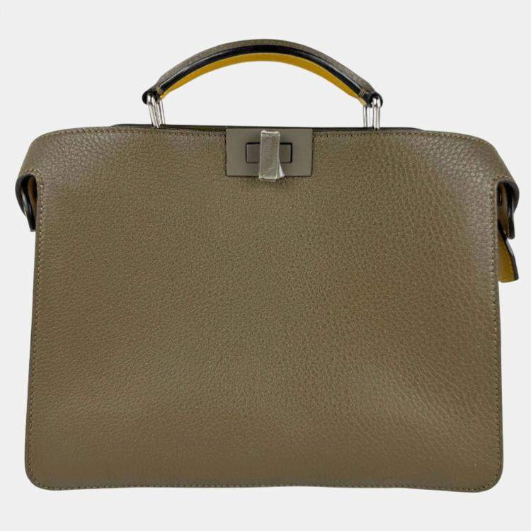 Pre Owned Fendi Peekaboo Iseeu X-Cross Leather Shoulder Bag In Khaki Yellow And Silver