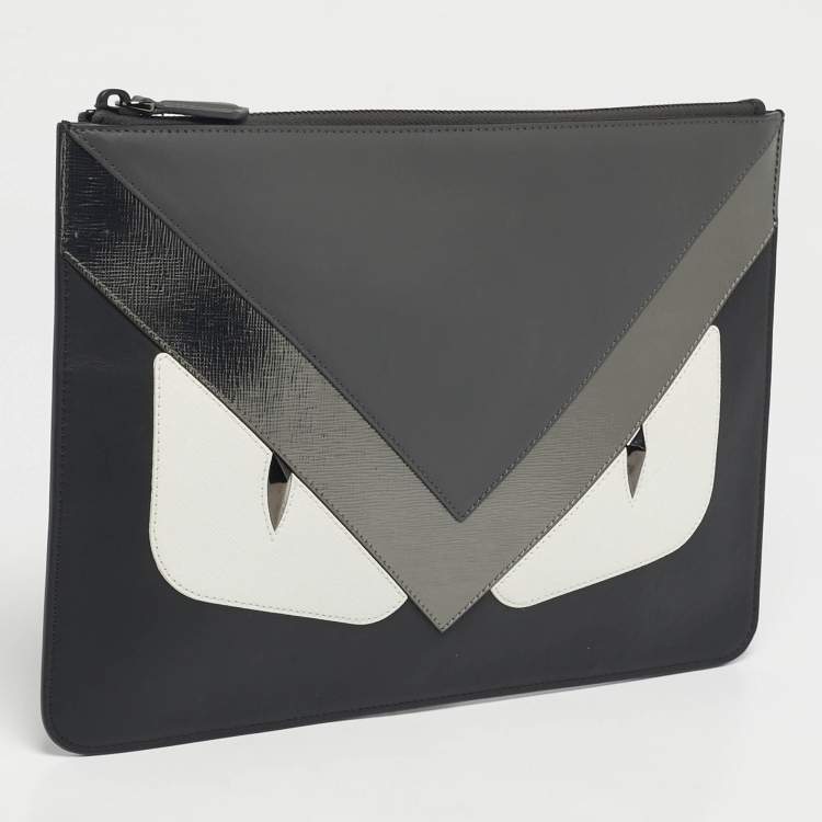 Pre Owned Fendi Black/White Leather Monster Eye Flat Pouch