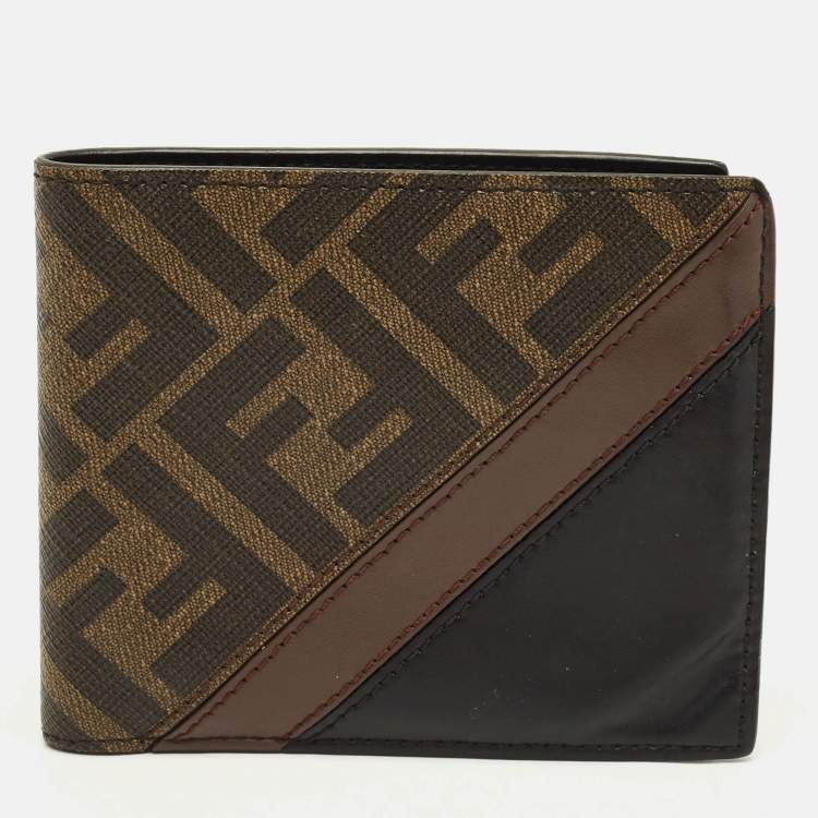 Pre Owned Fendi Brown/Black Zucca Coated Canvas and Leather Bifold Wallet
