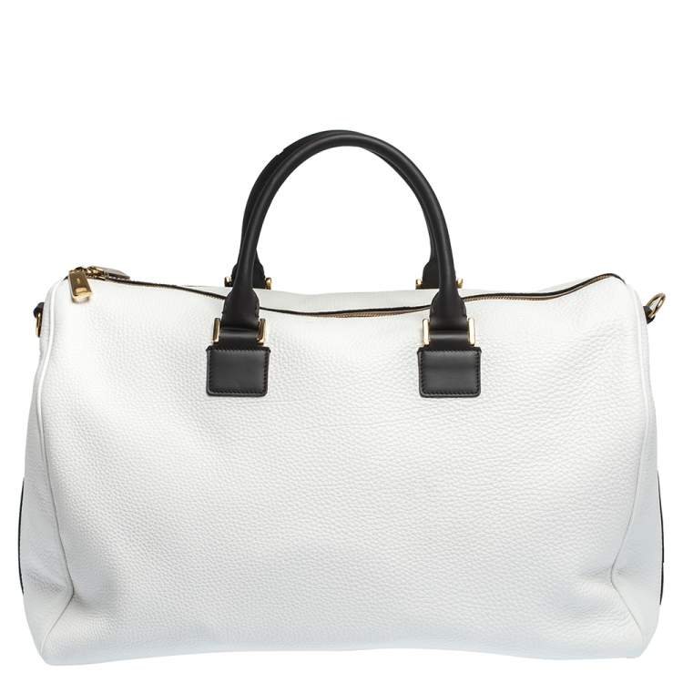 Pre Owned Fendi White Leather Logo Mania Weekender Bag