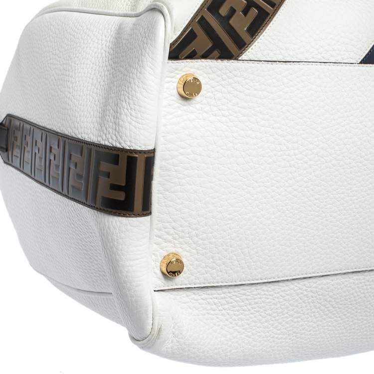 Pre Owned Fendi White Leather Logo Mania Weekender Bag