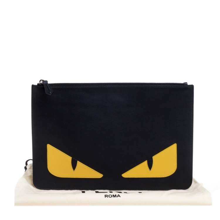 Pre Owned Fendi Black/Yellow Leather Monster Eyes Flat Clutch