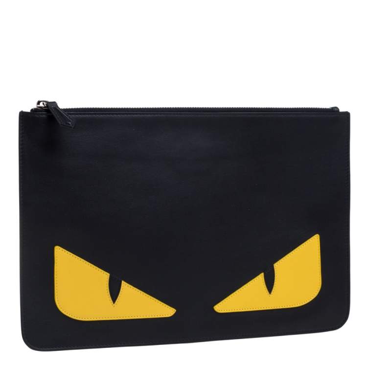 Pre Owned Fendi Black/Yellow Leather Monster Eyes Flat Clutch