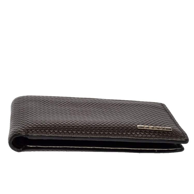 Pre Owned Fendi Dark Brown Woven Leather Bifold Wallet