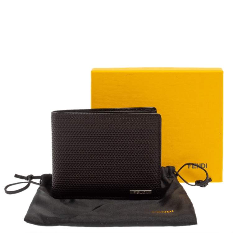 Pre Owned Fendi Dark Brown Woven Leather Bifold Wallet