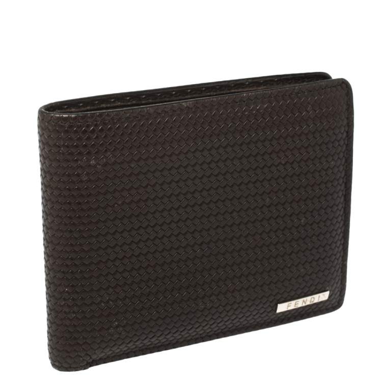 Pre Owned Fendi Dark Brown Woven Embossed Leather Bi Fold Wallet