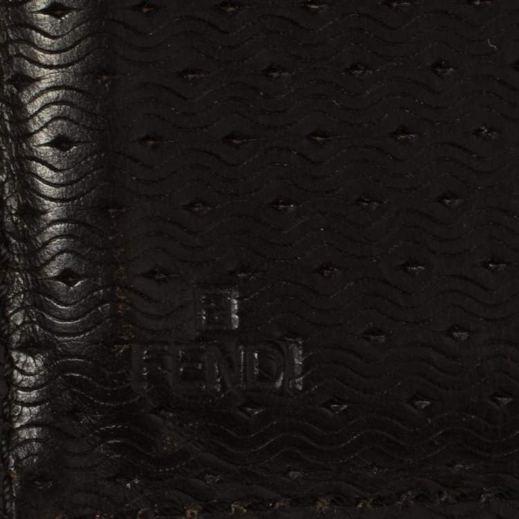 Pre Owned Fendi Dark Brown Woven Embossed Leather Bi Fold Wallet