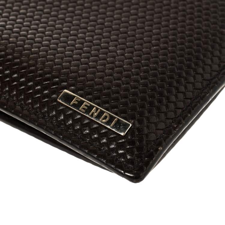 Pre Owned Fendi Dark Brown Woven Embossed Leather Bi Fold Wallet