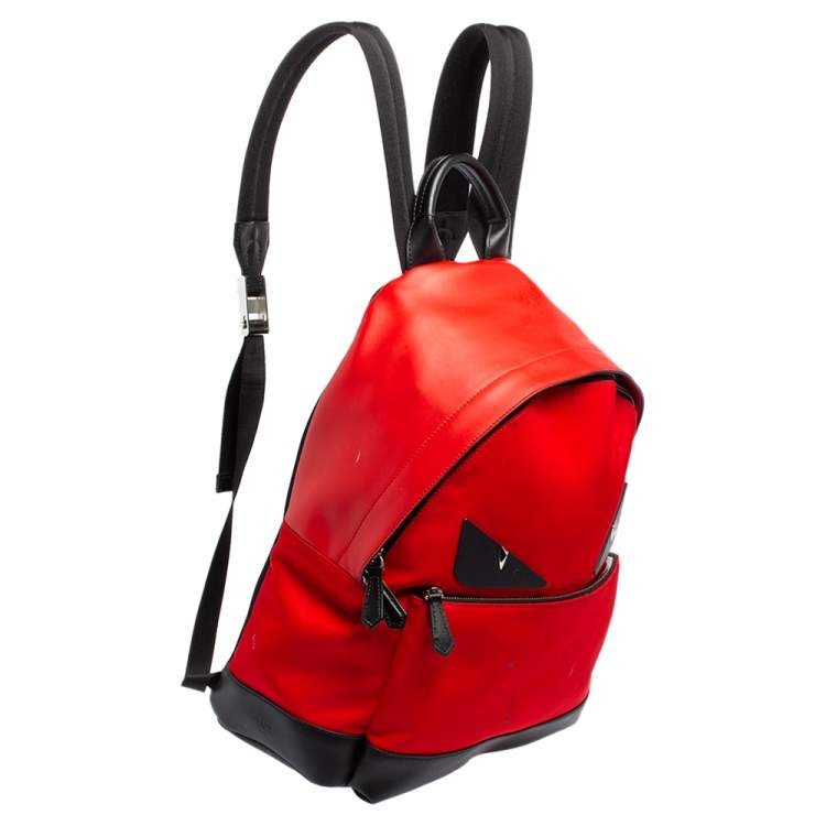 Pre Owned Fendi Red Leather and Nylon Monster Backpack