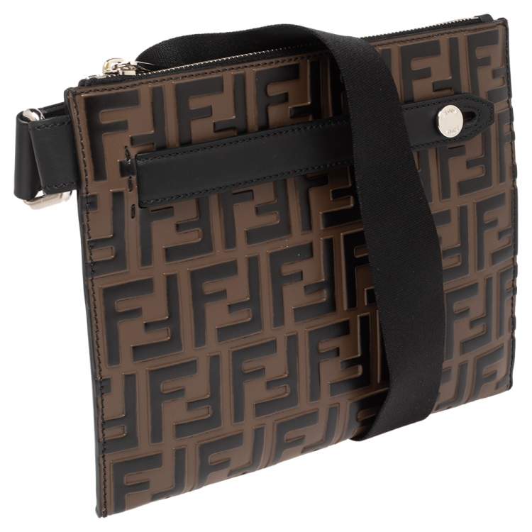 Pre Owned Fendi Brown FF Logo Embossed Leather Messenger Bag