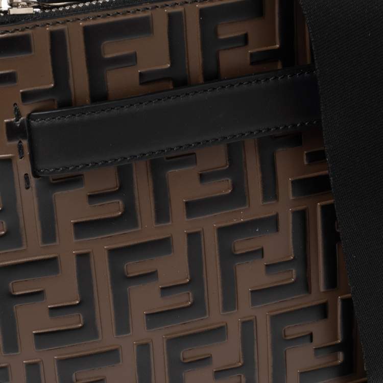 Pre Owned Fendi Brown FF Logo Embossed Leather Messenger Bag