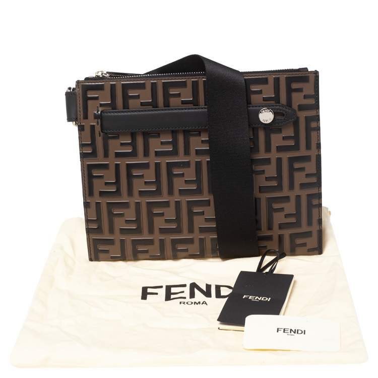Pre Owned Fendi Brown FF Logo Embossed Leather Messenger Bag