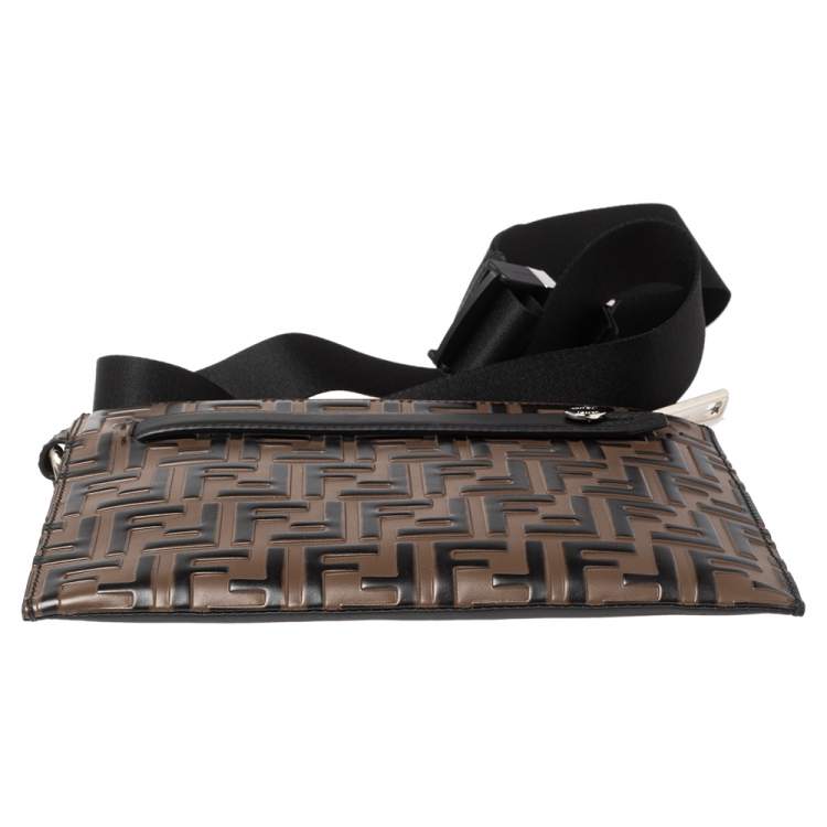 Pre Owned Fendi Brown FF Logo Embossed Leather Messenger Bag