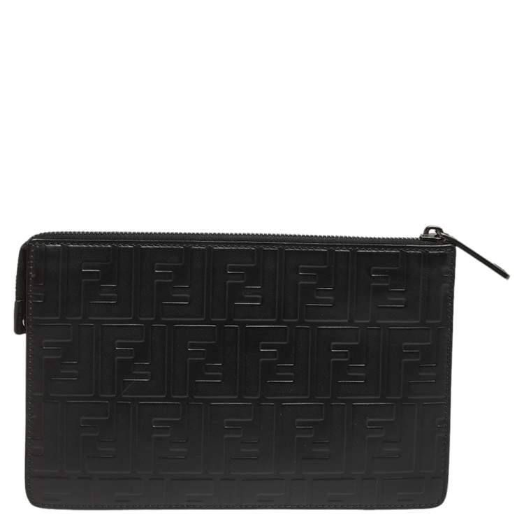 Pre Owned Fendi Black Zucca Embossed Leather Motif Zip Clutch