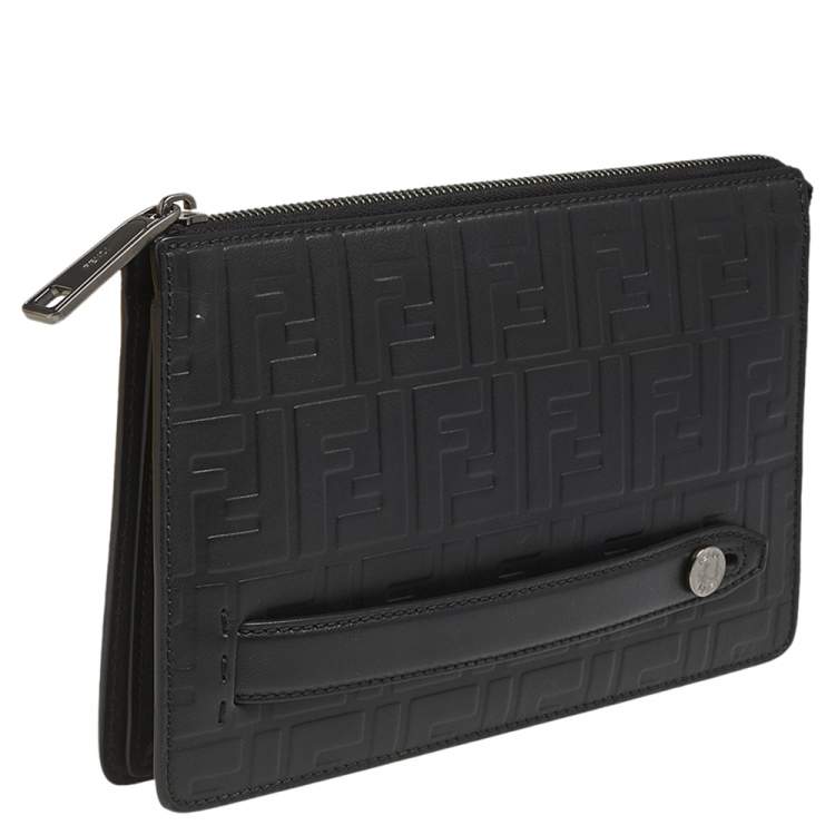 Pre Owned Fendi Black Zucca Embossed Leather Motif Zip Clutch