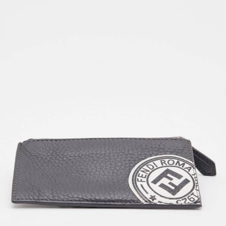 Pre Owned Fendi Grey Leather Zip Card Holder