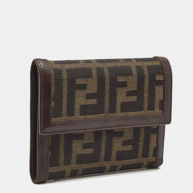 Pre Owned Fendi Tobacco Zucca Canvas and Leather Trifold Compact Wallet