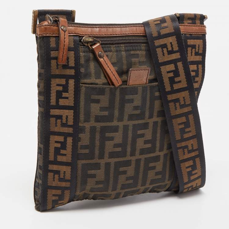 Pre Owned Fendi Tobacco Zucca Canvas and Leather Flat Messenger Bag