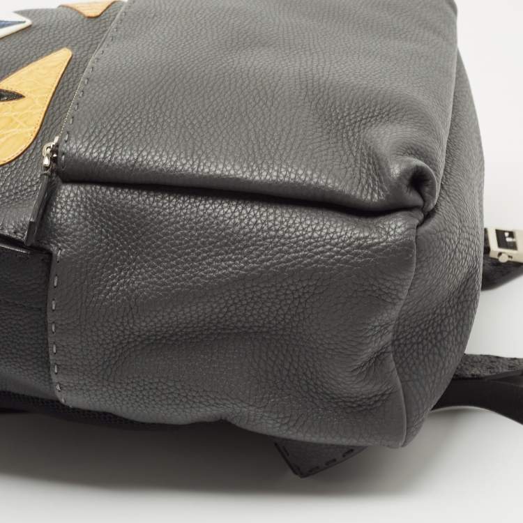 Pre Owned Fendi Grey/Black Selleria Leather and Fur Monster Eyes Backpack