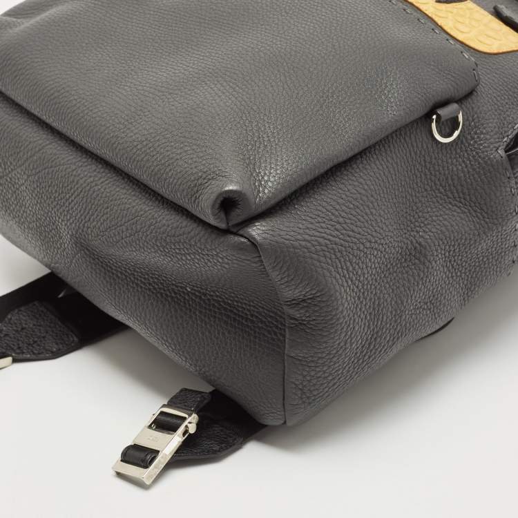 Pre Owned Fendi Grey/Black Selleria Leather and Fur Monster Eyes Backpack