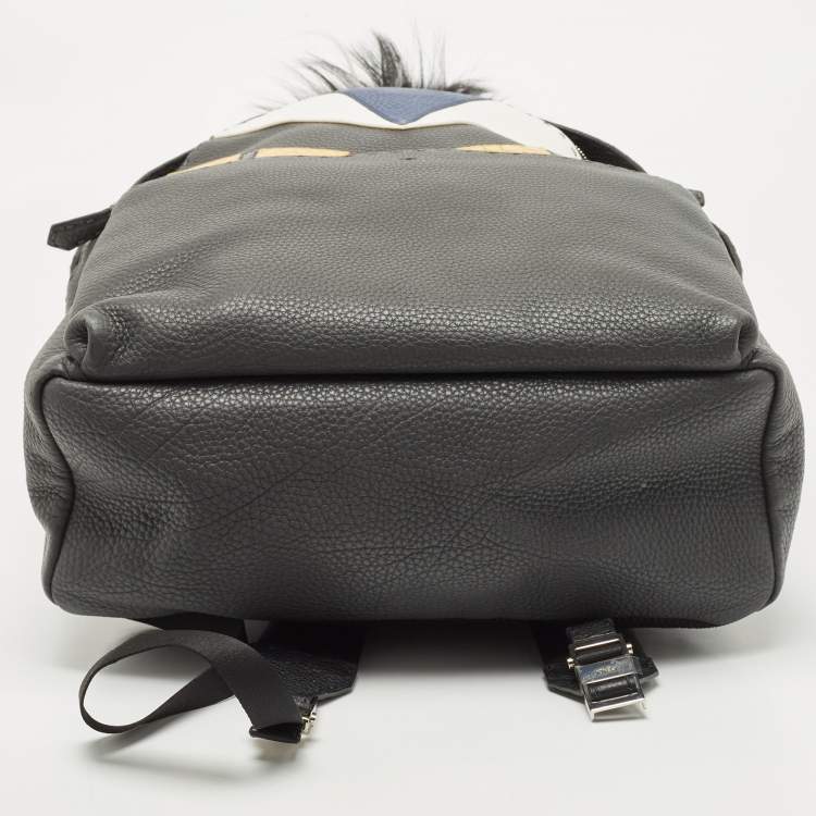 Pre Owned Fendi Grey/Black Selleria Leather and Fur Monster Eyes Backpack
