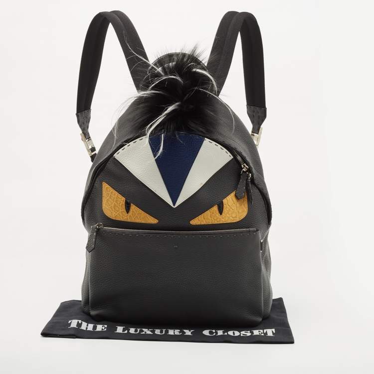 Pre Owned Fendi Grey/Black Selleria Leather and Fur Monster Eyes Backpack