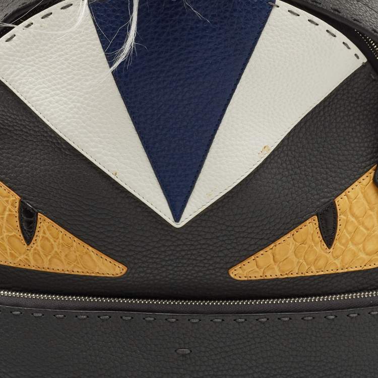 Pre Owned Fendi Grey/Black Selleria Leather and Fur Monster Eyes Backpack