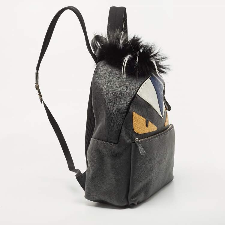 Pre Owned Fendi Grey/Black Selleria Leather and Fur Monster Eyes Backpack