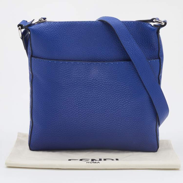Pre Owned Fendi Blue Seleria Leather Zip Messenger Bag