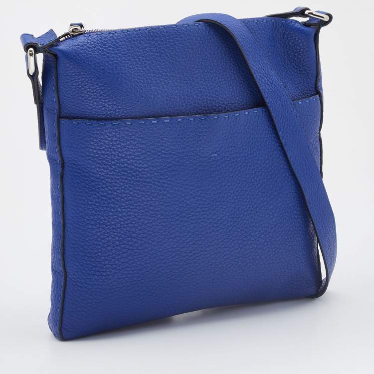 Pre Owned Fendi Blue Seleria Leather Zip Messenger Bag