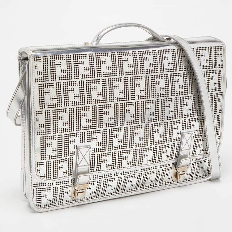 Pre Owned Fendi Silver Perforated FF Mirror Leather Briefcase Bag