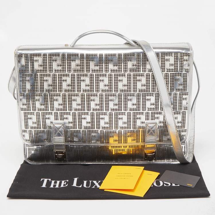 Pre Owned Fendi Silver Perforated FF Mirror Leather Briefcase Bag