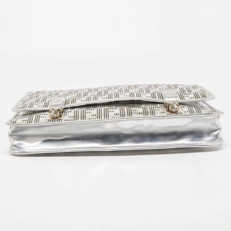Pre Owned Fendi Silver Perforated FF Mirror Leather Briefcase Bag