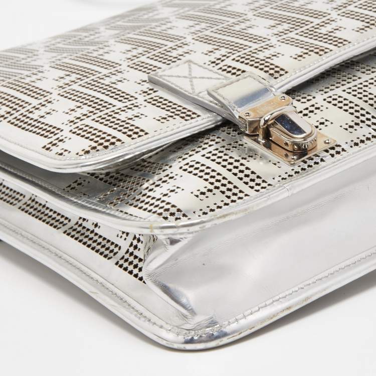 Pre Owned Fendi Silver Perforated FF Mirror Leather Briefcase Bag